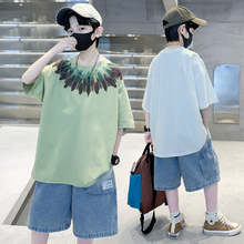 2024夏季新款韩版男童帅气羽绒短袖t恤牛仔裤套装中大儿童两件套
