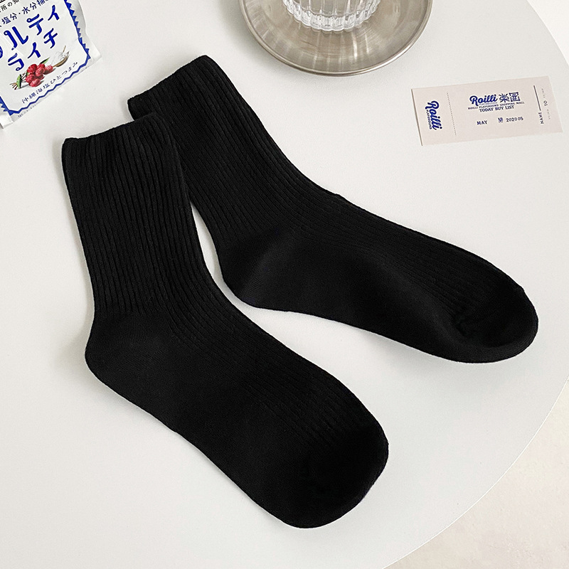 Socks Women's Free Shipping Double Needle Coffee Color Series Female Middle Tube Socks Simple Retro Style Strip Women's Black and White Long Socks Cotton Sock