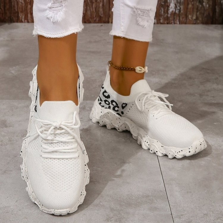 跨境热销单鞋欧美风新款2024夏季低帮拼色豹纹松糕底飞织运动鞋女