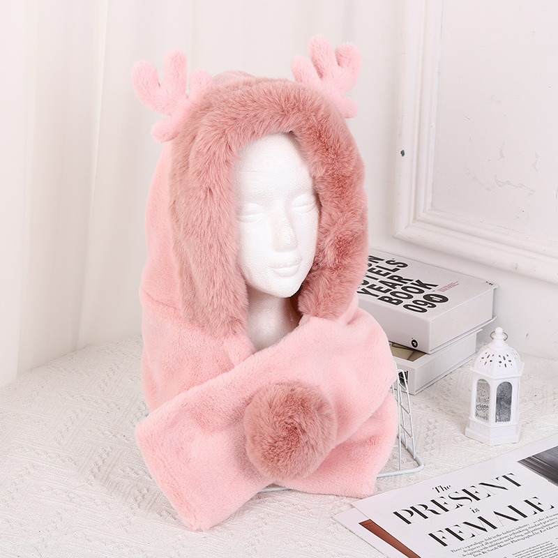 2023 Winter Antlers Hat Scarf Two-in-One Cute Warm Thickened Fleece Cross Scarf and Hat One