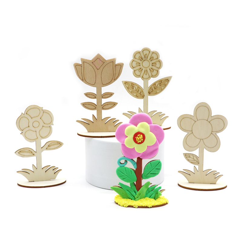 母亲节手工彩绘花朵摆件儿童diy木质立体花朵涂色粘土木质小花