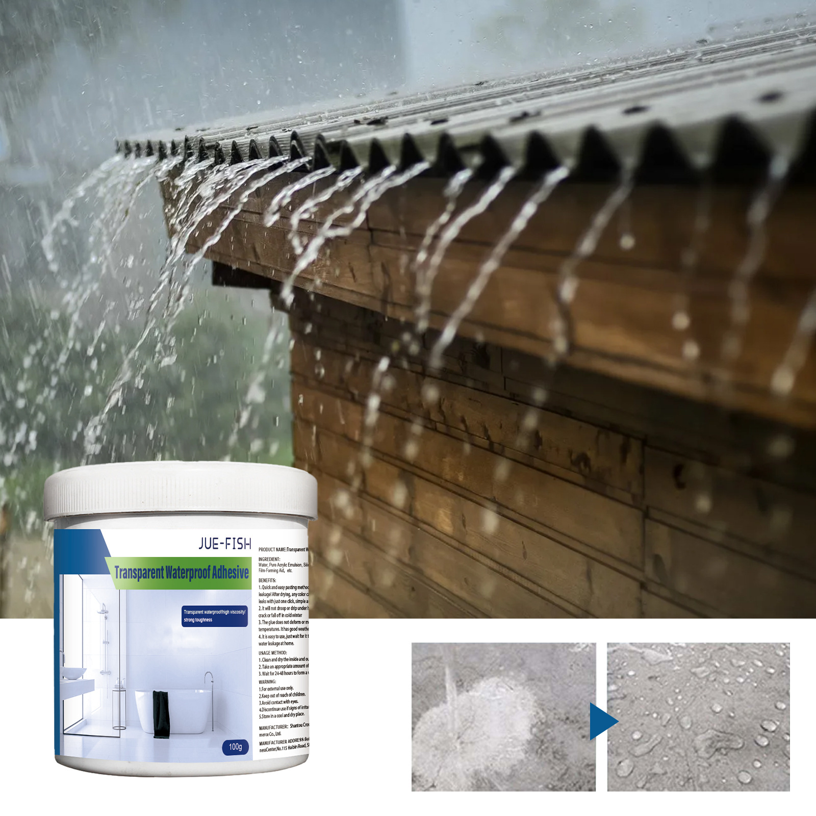 Jue-Fish Transparent Waterproof Adhesive Transparent Waterproof Coating Bathroom Balcony Anti-Smashing Brick Roof Leak-Proof Adhesive