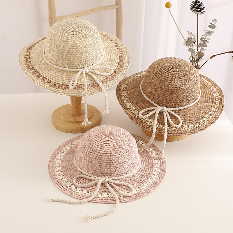 Children's Hat Female Spring and Summer Sun Protection Princess Beach Hat Girl's Tied Rope Bow Baby Sun Protection Fisherman Hat Tide