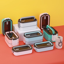 韩式卡通304不锈钢方形饭盒带提手便携式可加热防溢双层塑钢饭盒