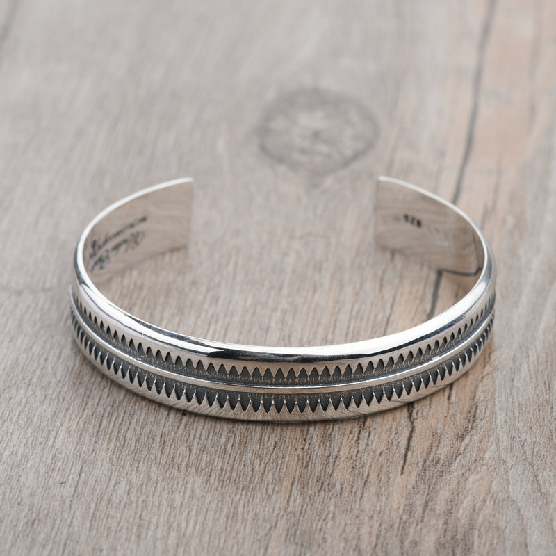 纯银高桥盾开口锯齿纹手镯 复古泰银个性潮人欧美朋克嘻哈男手环