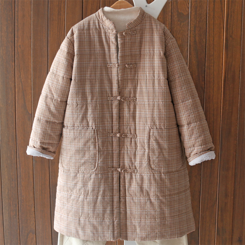 冬季新品简约格子保暖加厚棉服女装立领对襟保暖中长款棉袄-阿里巴巴