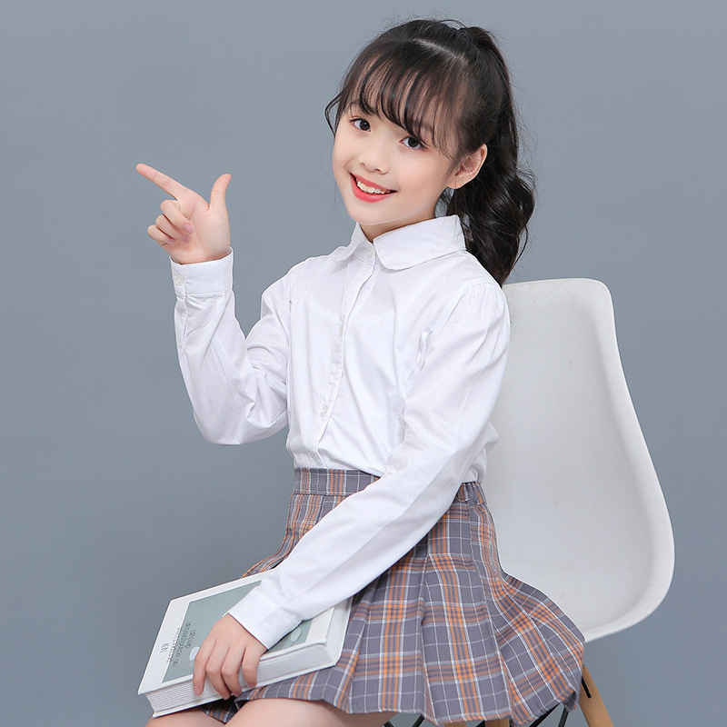 女童白衬衫小学生长袖白色纯棉衬衣春秋儿童圆领演出服中大童校服