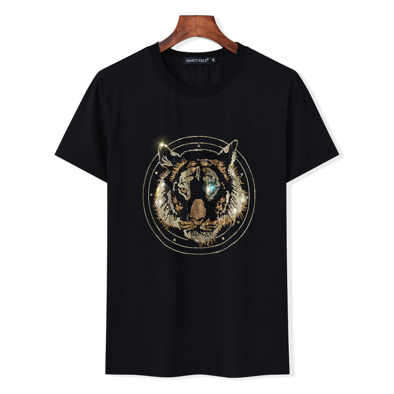 潮牌社会男女同款烫钻重工镶钻老虎头短袖t恤情侣装半袖港风黑色