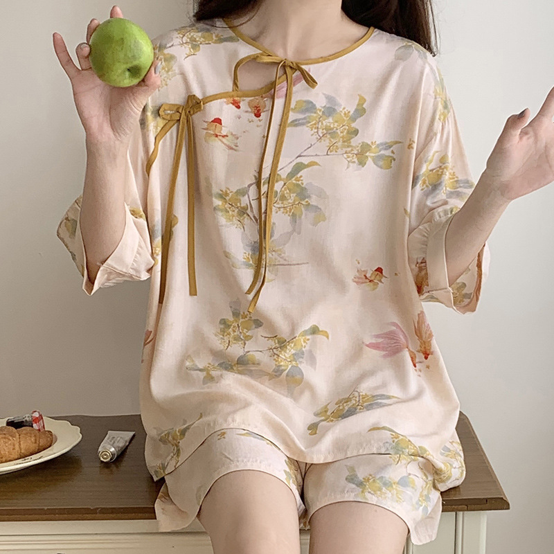 新中式睡衣女夏季复古中国风汉服春夏季棉绸家居服高级感绵绸套装
