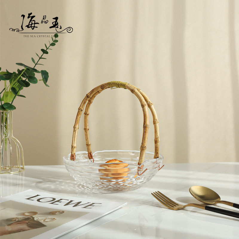 Japanese-Style Cloth Glass Rattan Hand-Held Fruit Basket Fruit Plate Good-looking Household Living Room Coffee Table Dessert Dim Sum Plate