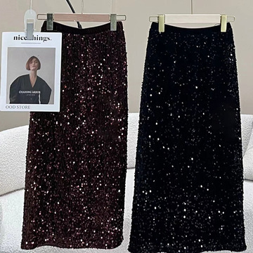 重工富家千金亮片半身裙女秋季装黑色高腰长裙小个子开叉半步裙子