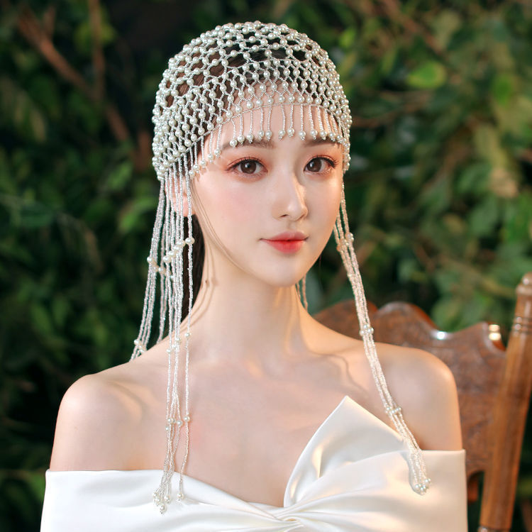 童年回忆纯手工串珠复古风百搭款时尚头饰网红玻璃仿珍珠流苏帽子