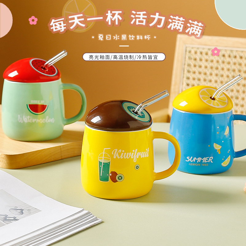 Processing Customized Mug Fresh Fruit Ceramic Cup Office Home Large Capacity Cup with Straw Gift Cup