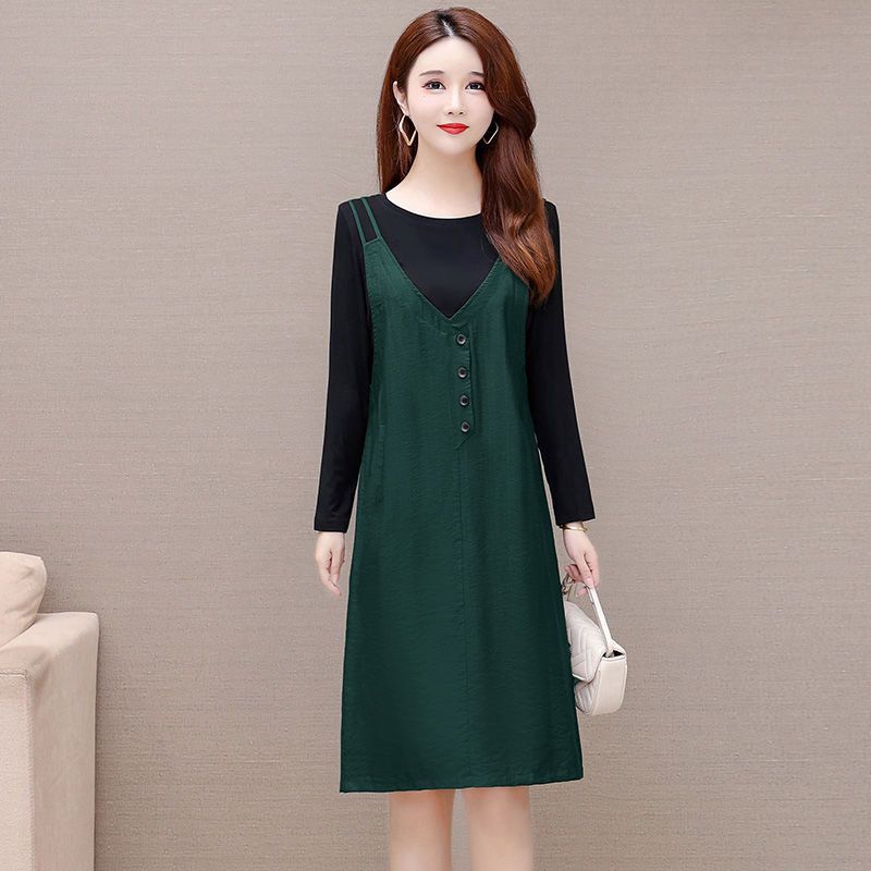 False Two-Piece Suit Dress for Moms Spring 2023 New Straight Suspender Long Skirt Loose Large Size Middle-Aged and Elderly Women's Clothing