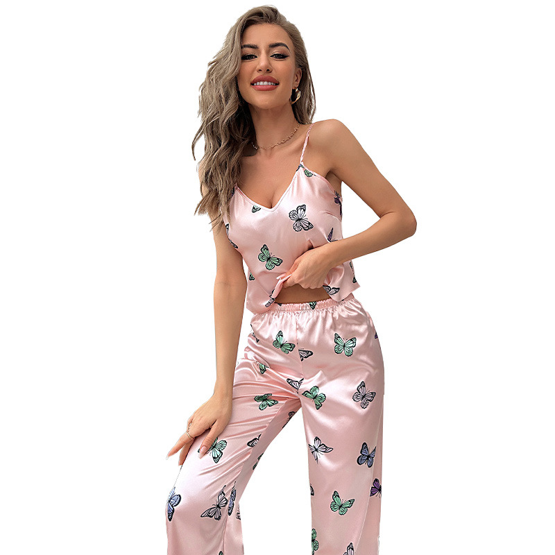 Cross-Border Foreign Trade Pajamas Women's 2023 New Suspender Dress Trousers Suit Fashion Artificial Silk Printed Homewear