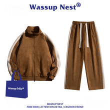 WASSUP NEST麂皮绒重磅卫衣男士春秋季潮牌美式宽松上衣运动套装