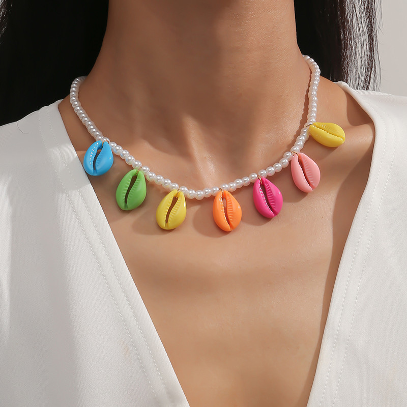 2022欧美新款时尚简约彩色扇贝珍珠项链 个性民族风创意贝壳项链