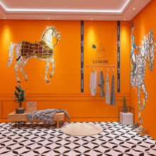 爱马仕橙色壁纸鞋子女装直播间背景品美容院石膏线墙纸感