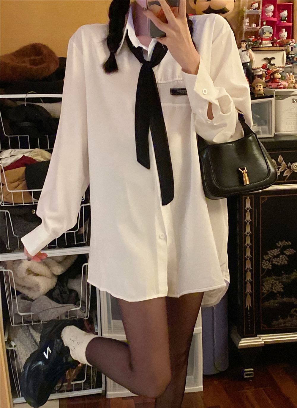 学姐风个性领带白色衬衫下衣失踪显瘦衬衣女