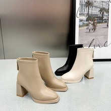 短靴子女2023年新款冬季时尚粗跟尖头防水台高跟鞋加绒马丁靴秋冬