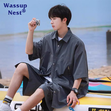 WASSUP2024夏季新款冰丝黑色短袖衬衫男士休闲时尚百搭衬衣男装