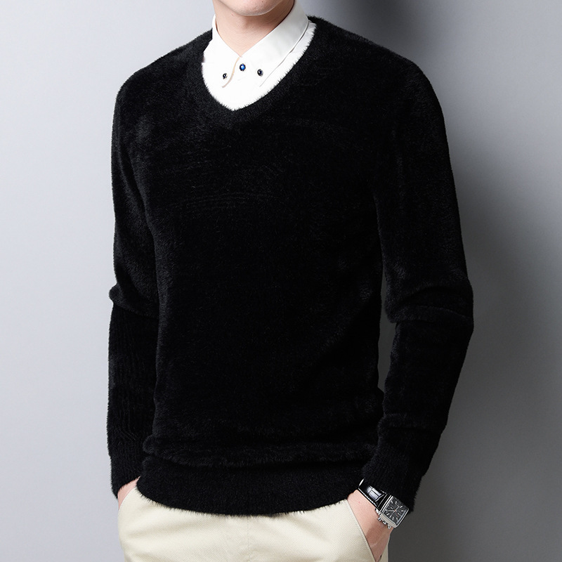 时尚v领仿水貂毛衣男士加厚仿貂绒毛衫秋冬保暖线衣套头针织上衣