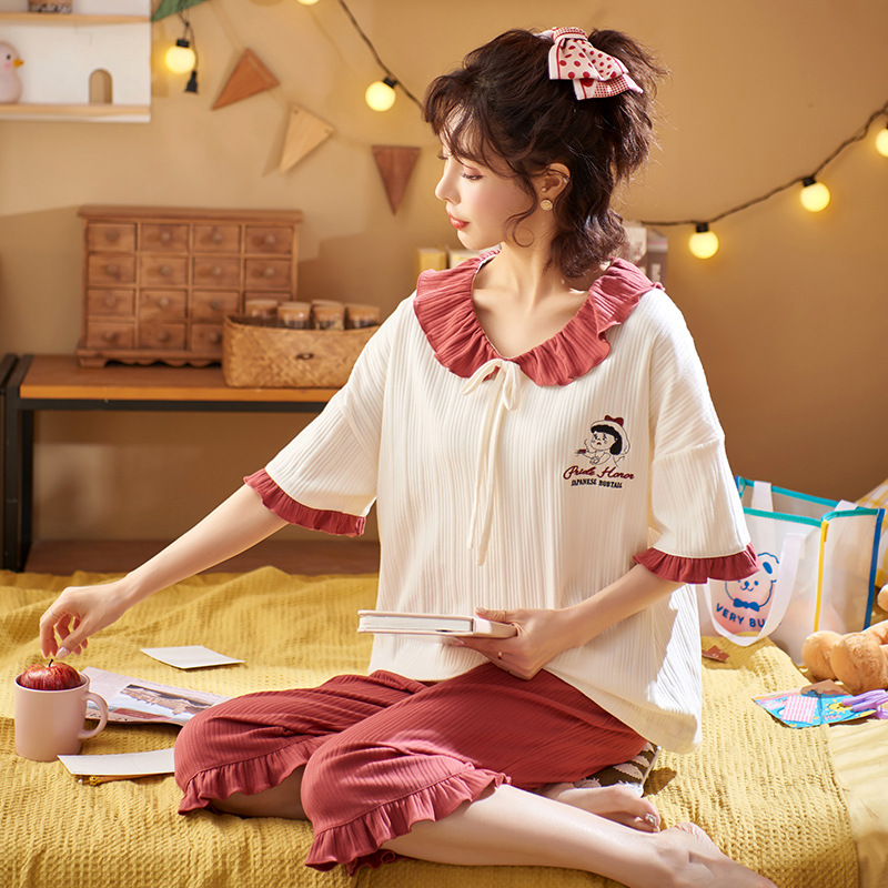 睡衣女士夏季短袖七分裤两件套装薄款大码宽松夏天韩版少女家居服