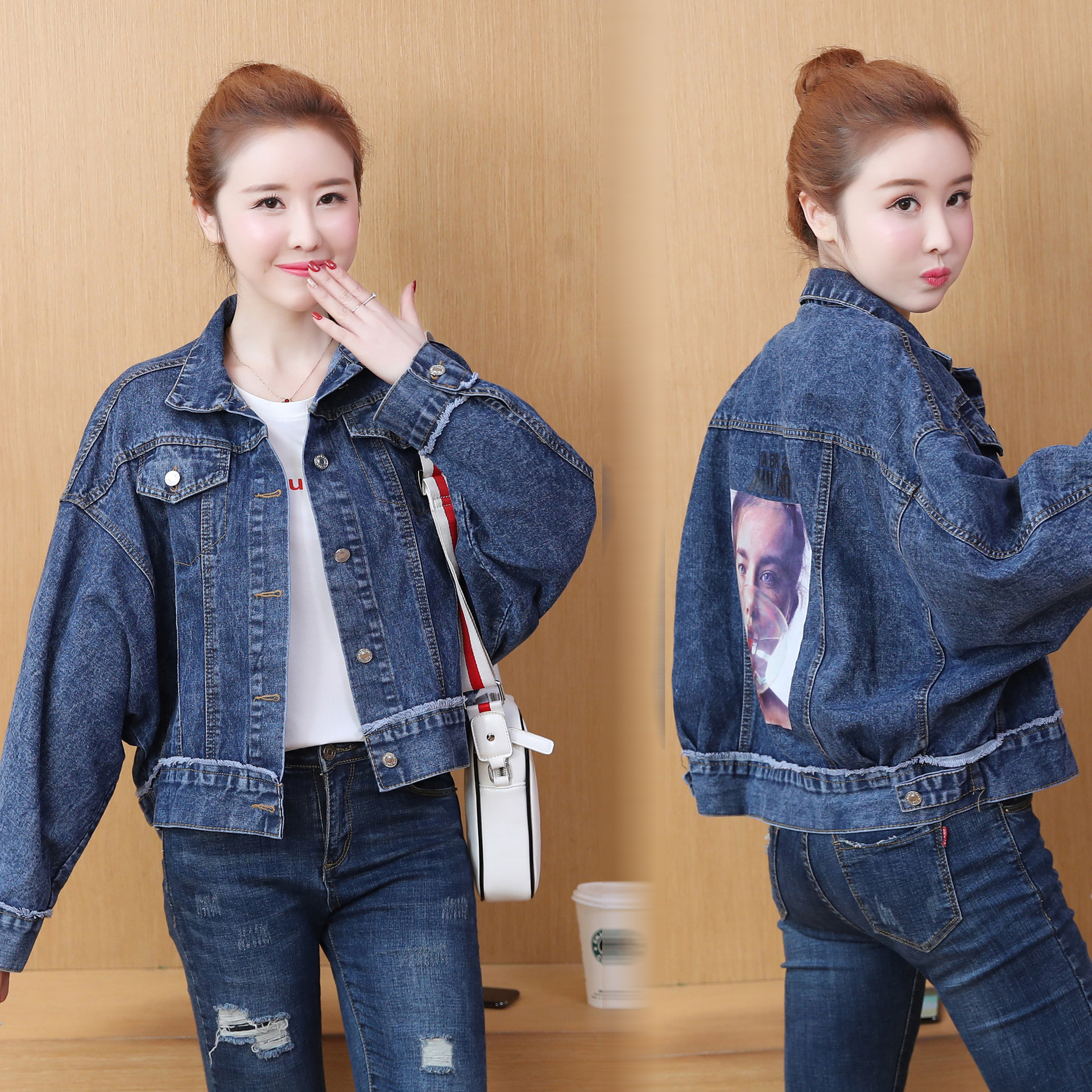 欧美宽松蝙蝠袖牛仔外套图片