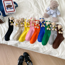 秋季新品袜子韩版个性立体玩偶小熊装饰女中筒袜时尚潮流棉质女袜