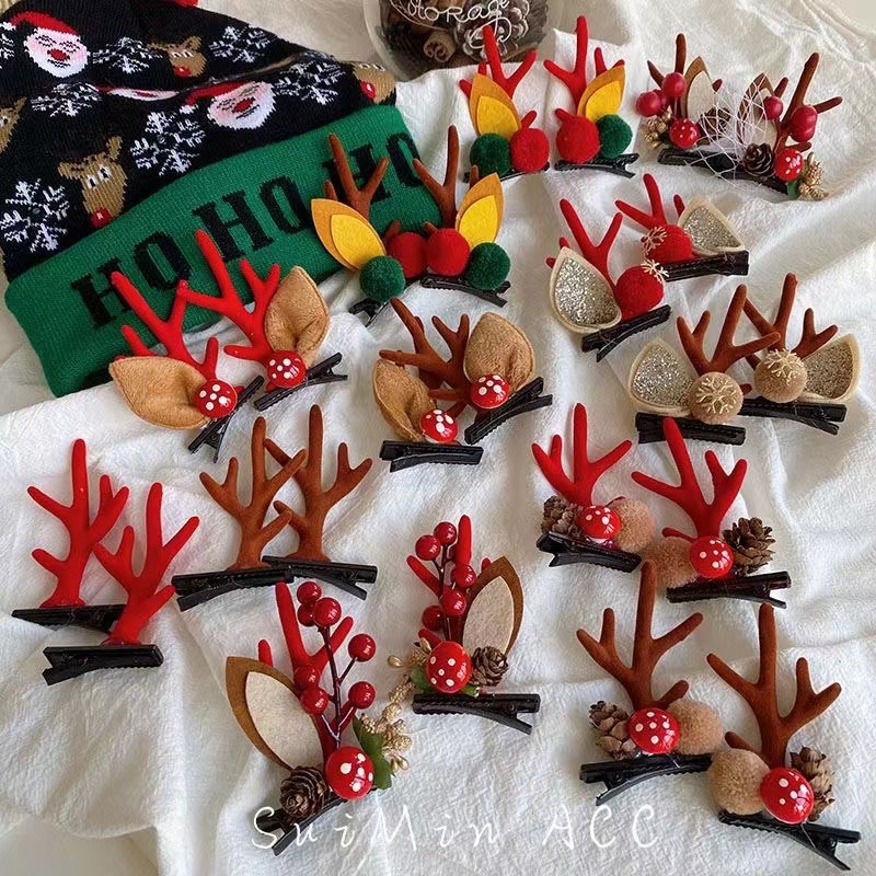 New Christmas Elk Horn Hairpin Korean Mori Antler Headdress Cute Fresh Princess Clip New Year Hair Accessories