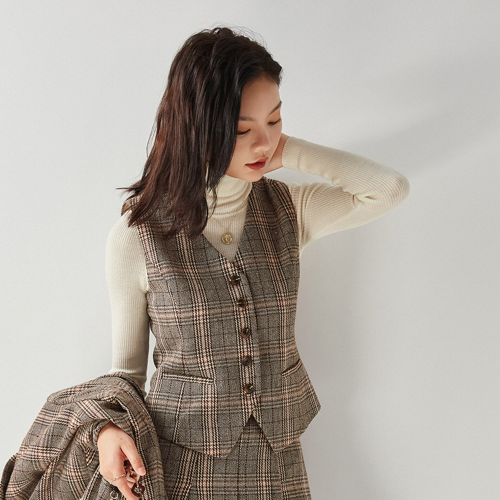 21秋修身显瘦大格子复古精纺羊毛单排扣内搭西装马甲套装女12670