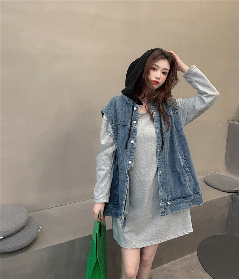 nn申瞅~牛仔马甲套装女宽松洋气减龄小个子卫衣连衣裙女装两件套