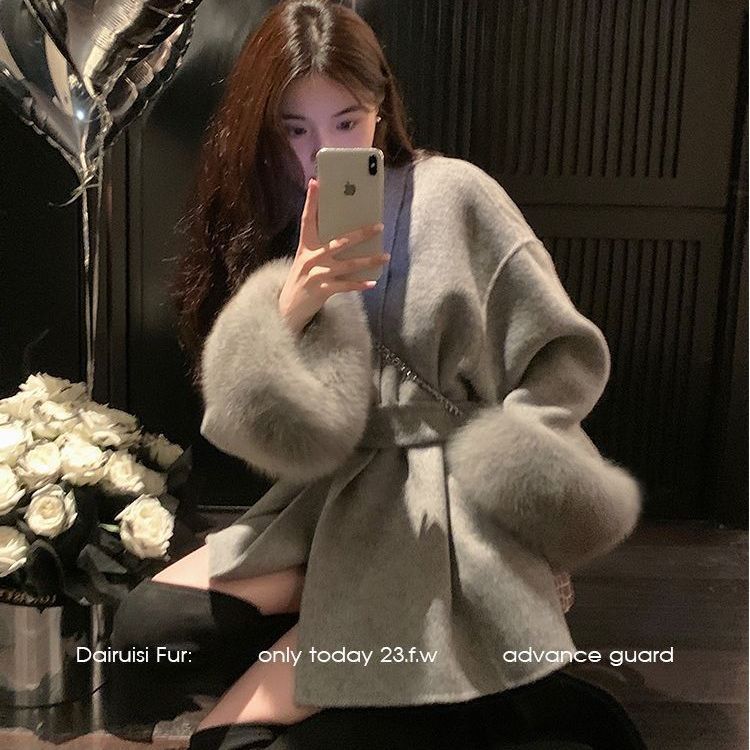 高端双面羊毛腰带大衣袖口狐狸毛毛呢外套女2023秋冬季新款