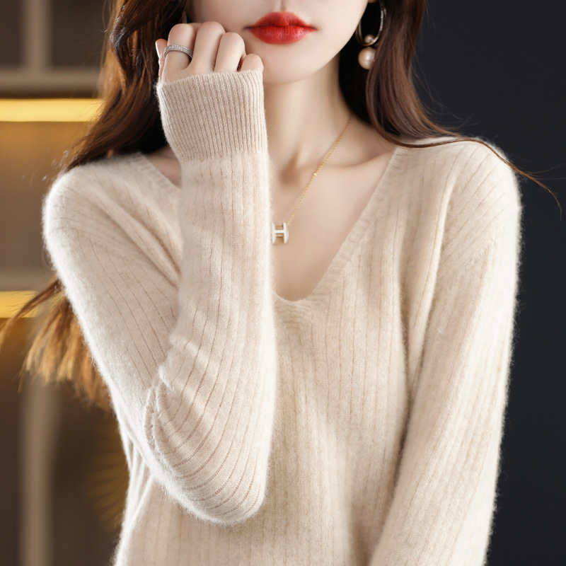 2023 Spring Women's Clothes New Knitwear Pullover V-neck Bedford Cord Sweater Solid Color Long Sleeve Thin Slim Bottoming Shirt