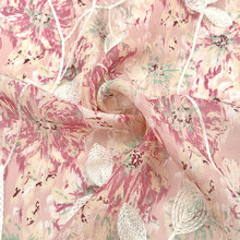棉丝油画晕染扎染粉色花朵刺绣雪纺提花布料 连衣裙吊带手工面料B