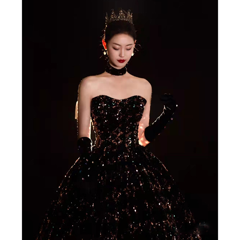 明星同款晚礼服女2022年新款亮片黑色抹胸宴会主持人艺考学生长款