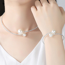 厂家直销欧美流行单排镀金银女短款项圈手镯套装珍珠水钻项圈跨境