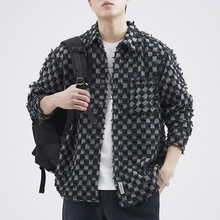高街amiri 鲨鱼长袖蓝格子衬衫下摆破坏毛须男女外套ami_阿里巴巴找货