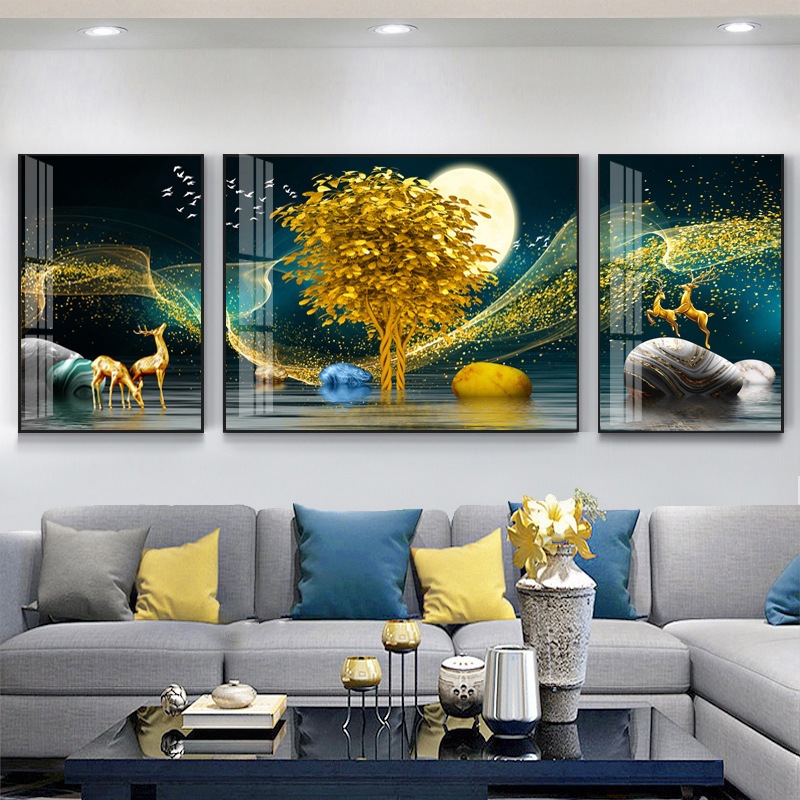 客厅装饰画沙发背景墙新中式挂画山水画现代简约镶钻晶瓷画三联画