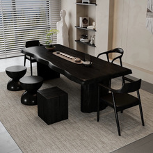 侘寂风实木茶桌全套简约碳化黑原木大板泡茶桌椅办公家用整板茶台