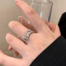 超闪字母锆石开口戒指女小众设计轻奢食指戒感时尚个性指环潮