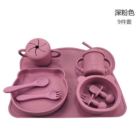 Cross-Border Children‘s Silicone Plate Set Amazon Hot Sale Snack Cup Cup with Straw Spoon Fork Plate Feeding Bowl Set