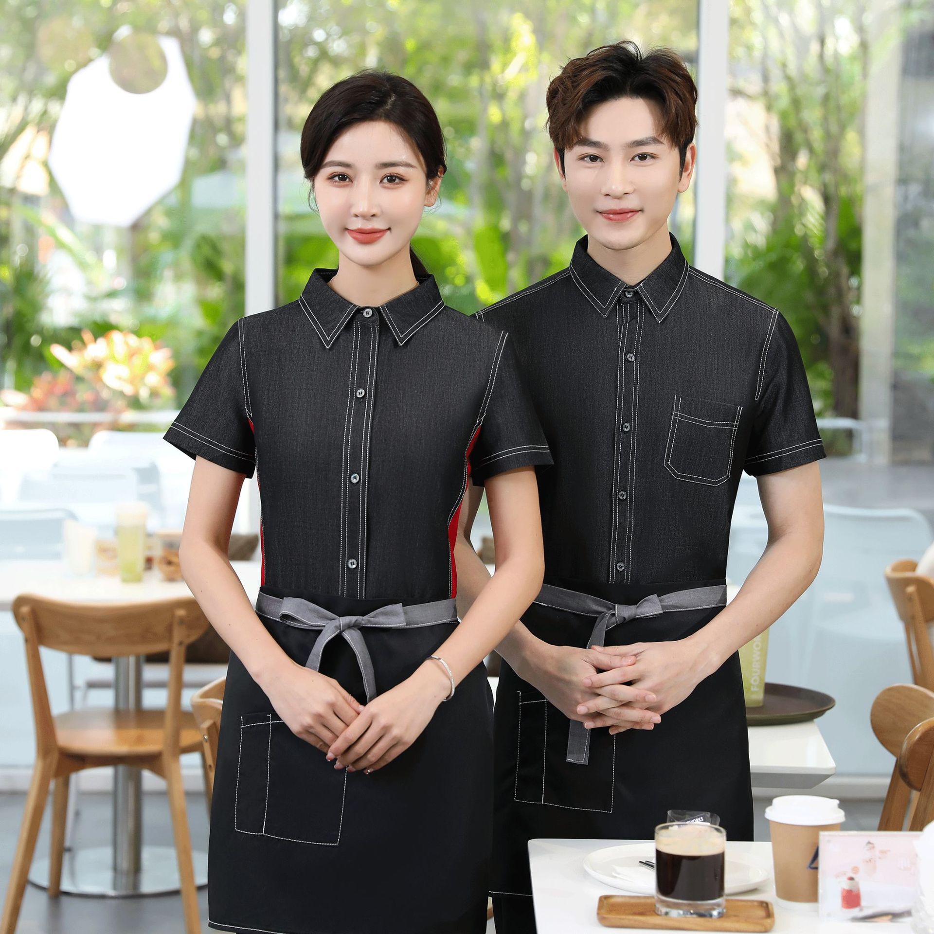 烤肉店西餐厅服务员工作服长袖 奶茶炸鸡烘焙蛋糕快餐店工作服短