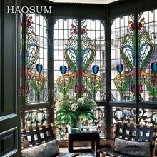 欧式别墅彩玻镶嵌板落地窗花鸟图案彩色玻璃镶嵌窗户板装饰