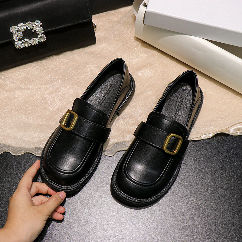 搭扣黑色小皮鞋平底单鞋女2023新款韩版圆头英伦复古乐福鞋女鞋子