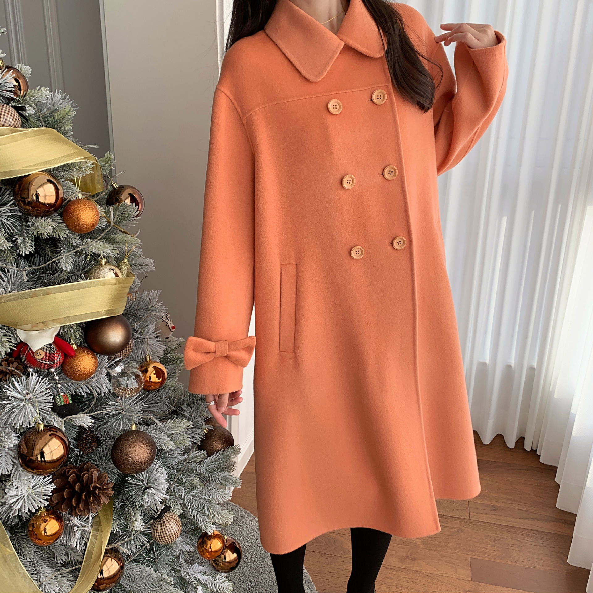 甜美风新年红小翻领后背蝴蝶结双面手缝羊毛 大衣女韩版呢子外套