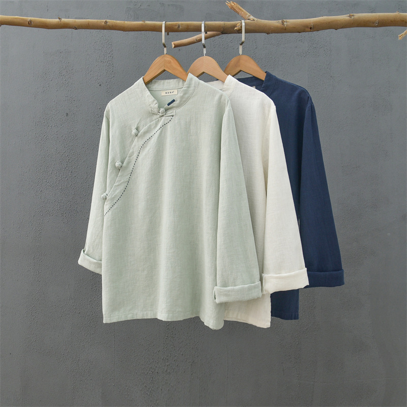 2022春新品棉麻复古立领偏襟中式盘扣上衣长袖女士手工缝线衬衫