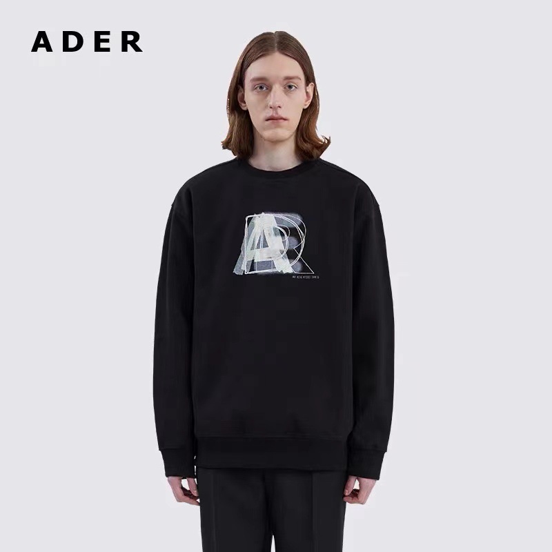 韩国潮牌ader秋冬卫衣女折纸印花logo小标缝线连帽抽绳插兜卫衣潮