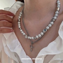 CHEALIMPID/ 设计感串珠十字架反光珍珠双层项链复古潮男女同款