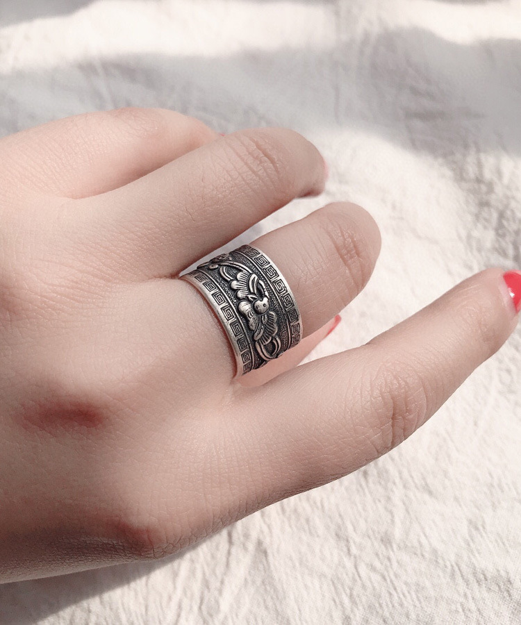 纯银古风小狮子戒指 复古足银錾刻男女款指环 扳指 礼物